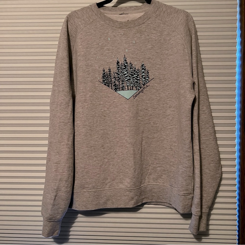 Serengetee crewneck sweatshirt light heater grey with light blue tree design Med